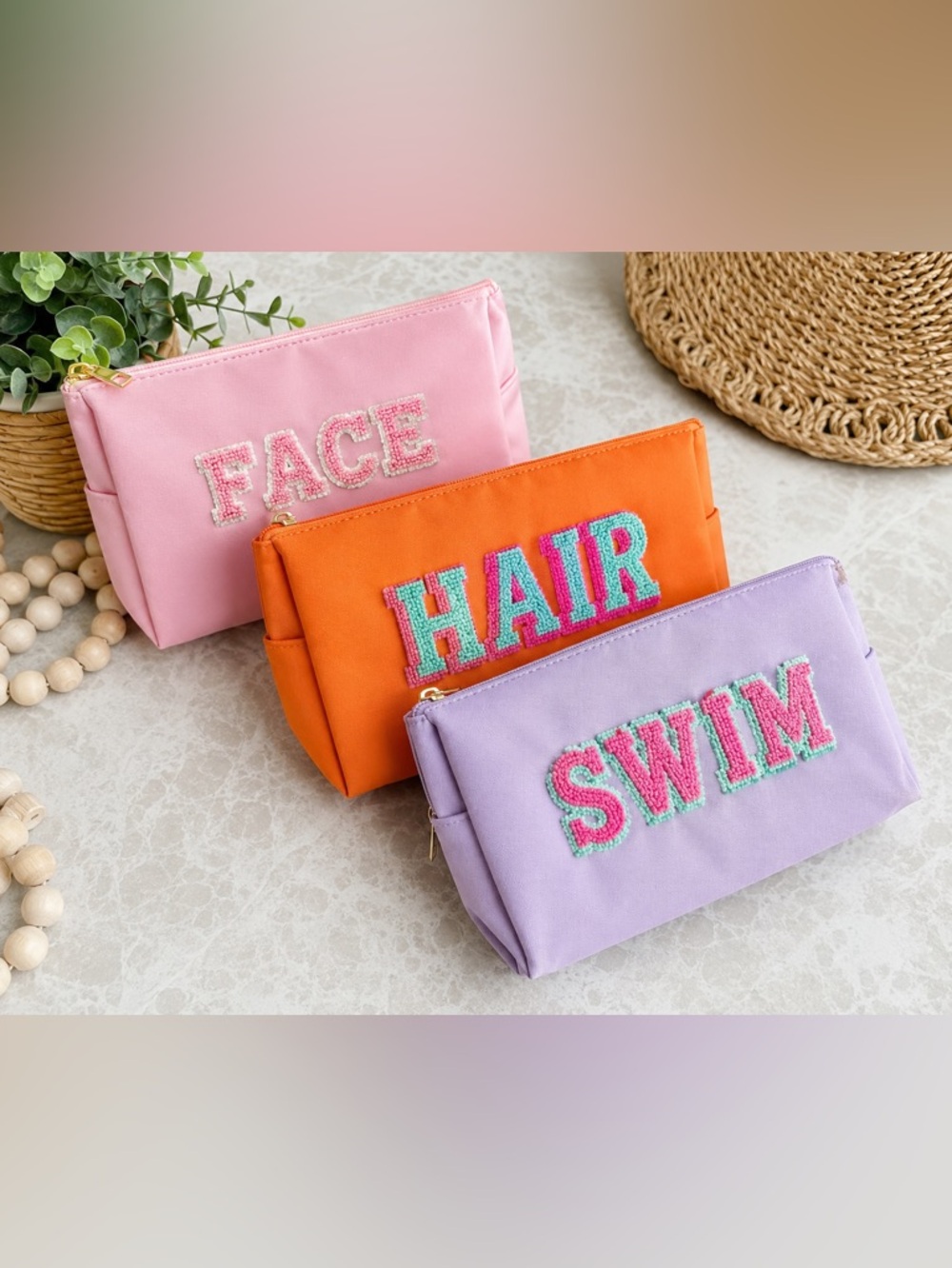 Preppy Travel Makeup Pouch Set of 3 | Face Hair Swim Chenille Cosmetic Bags